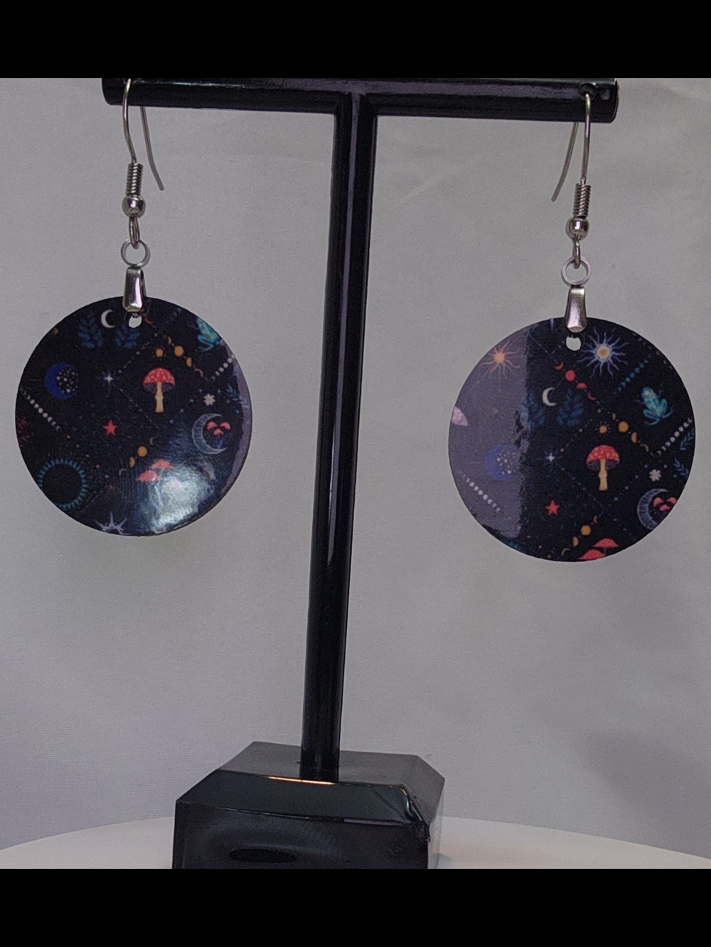 Celestial Mushroom Dangle Earrings - Black Background